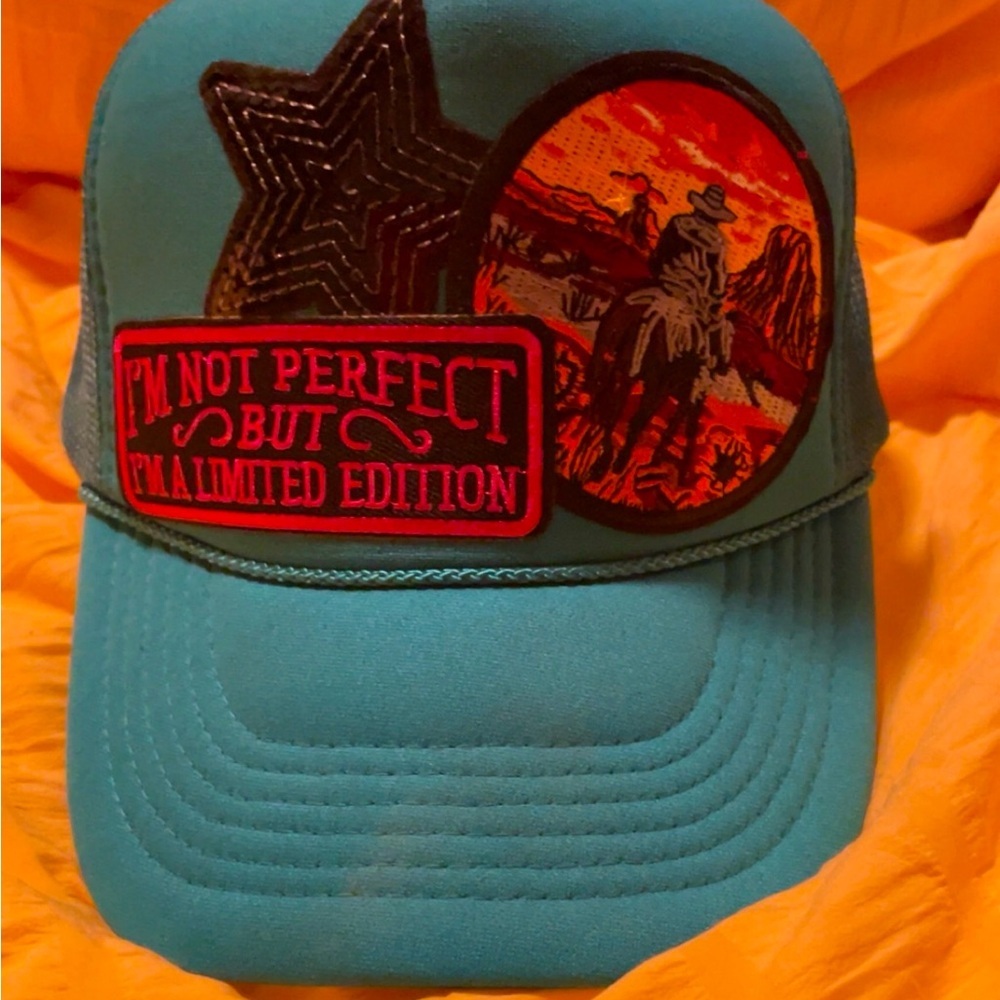 Custom made Trucker Hat! Cowgirl Sunset Turquoise Sequin Star I’m‎ not perfect…